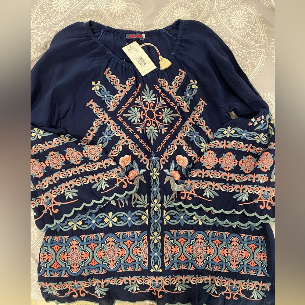 JOHNNY WAS Lina Scalloped Embroidered Tunic Top XS